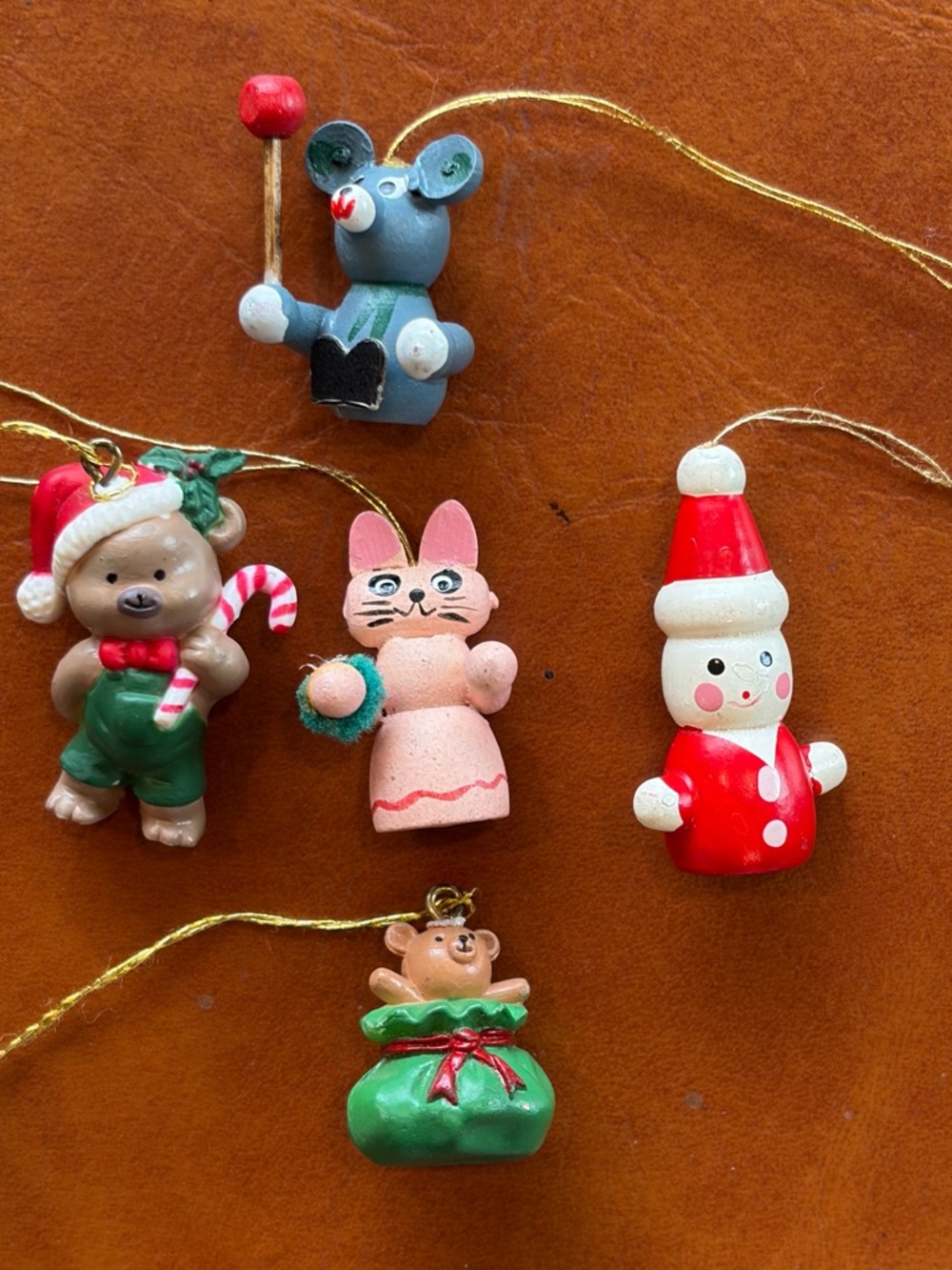 5 Miniature Christmas Ornaments Hand painted Critters Whimsy Nostalgic Vintage
